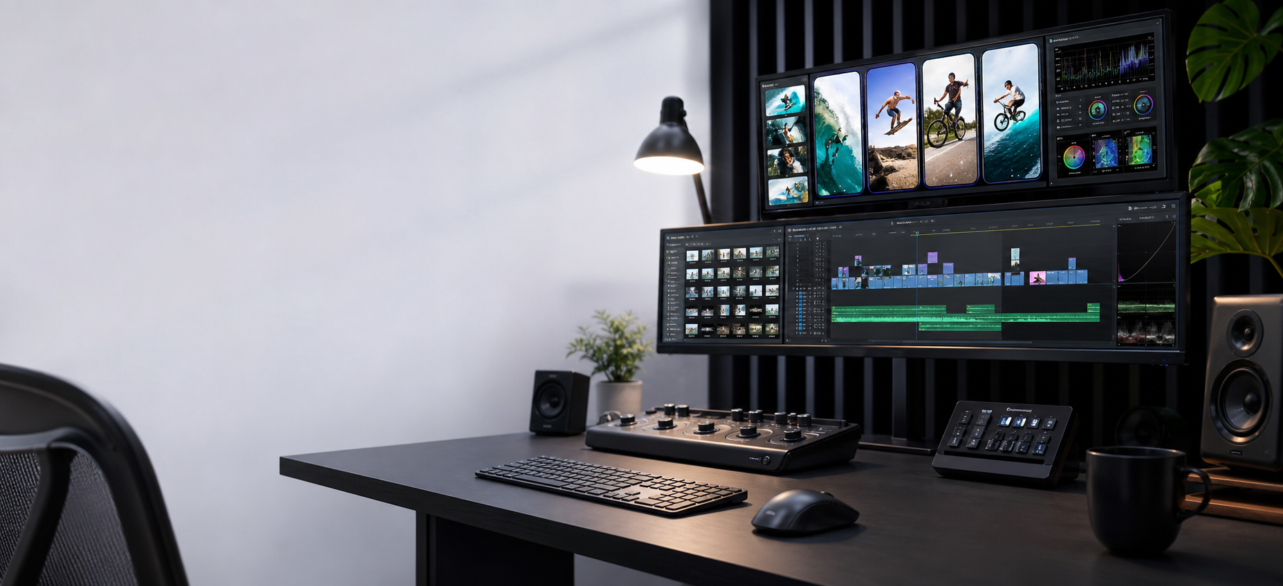 Professional video editing desk with dual monitors showing video editing software timeline and preview